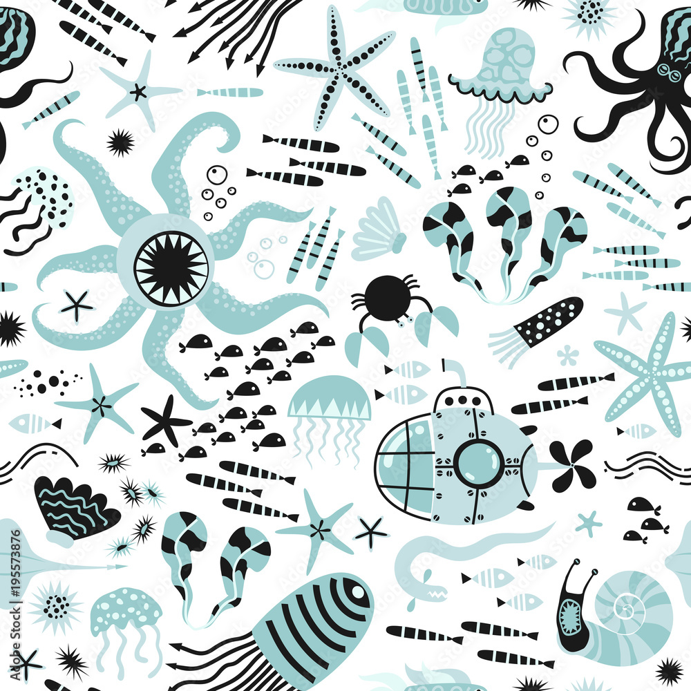 Naklejka premium Baby seamless pattern - ocean life, underwater monsters. Submarine trip. Trendy kids vector background. Doodle style.