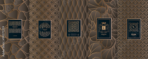 Collection of design elements,labels,icon,frames, for packaging,design of luxury products.for perfume,soap,wine, lotion.Made with golden foil.Isolated on geometric background.vector illustration