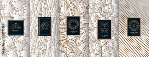 Collection of design elements,labels,icon,frames, for packaging,design of luxury products.for perfume,soap,wine, lotion.Made with golden foil.Isolated on geometric background.vector illustration