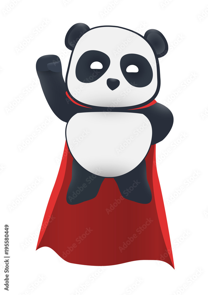 Naklejka premium Little panda super hero flies in the air with a red cloak.