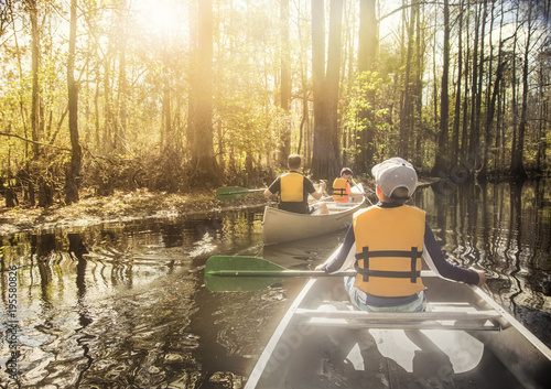 People Canoeing down beautiful river in a Cypress Forest