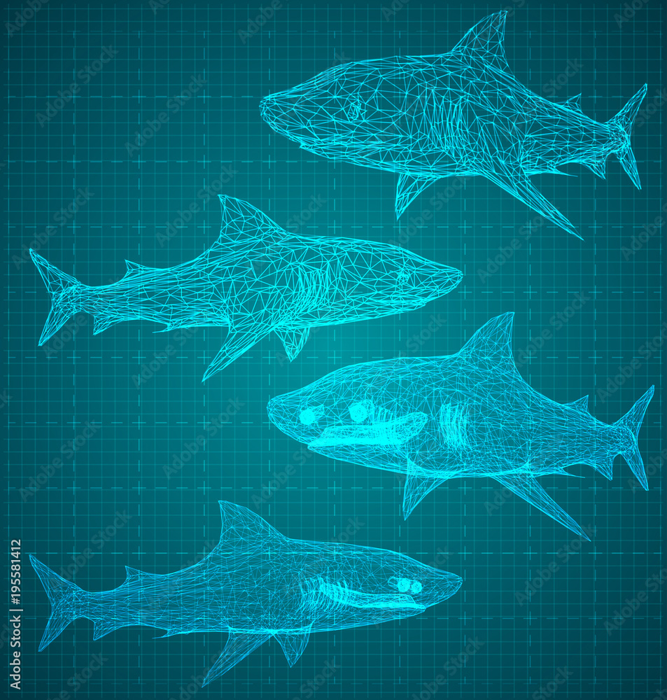 Obraz premium vector 3d shark from a triangular grid.