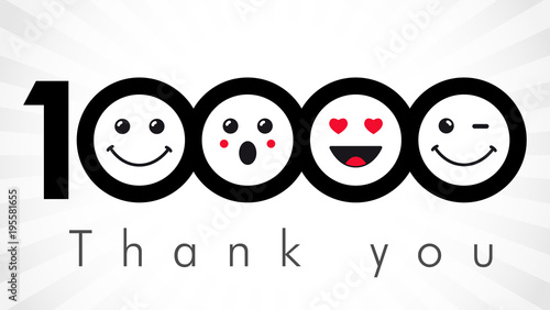 Thank you 10000 followers numbers. Congratulating black and white thanks, image for net friends in two 2 colors, customers 10 000 likes, % percent off discount. Round isolated smiling people faces.