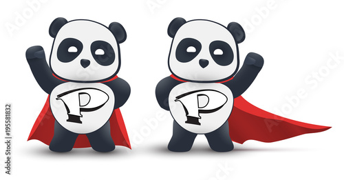 Little panda super hero flies in the air with a red cloak.