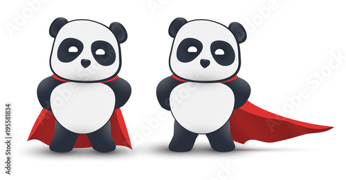 Fototapeta Naklejka Na Ścianę i Meble -  Little panda super hero flies in the air with a red cloak.