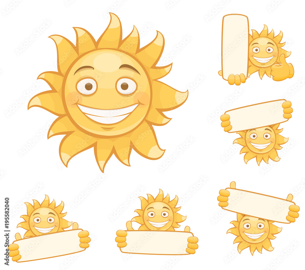 set of vector smiling suns. isolated