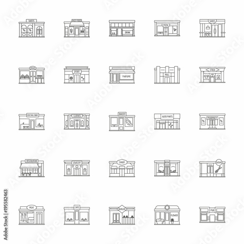 Store facades set, outline style
