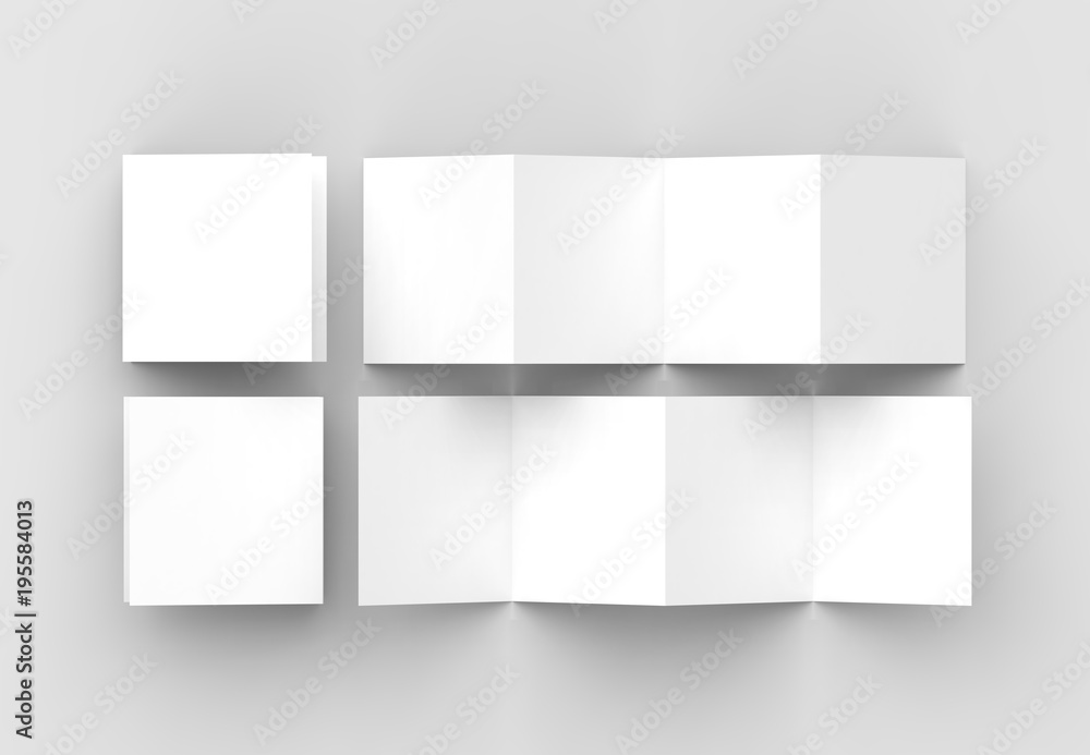 8 page leaflet, 4 panel accordion fold square brochure mock up isolated on light gray background. 3D illustrating. 8 page leaflet, 4 panel accordion fold square brochure mock up isolated on light gray background. 3D illustrating.