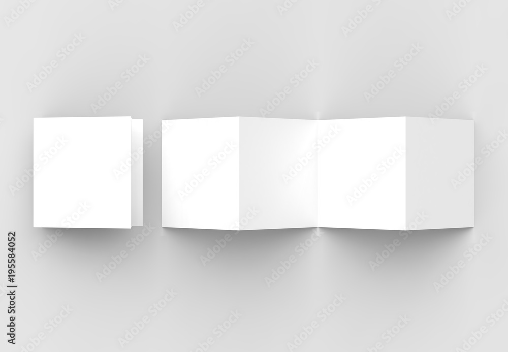 8 page leaflet, 4 panel accordion fold square brochure mock up isolated on light gray background. 3D illustrating. 8 page leaflet, 4 panel accordion fold square brochure mock up isolated on light gray background. 3D illustrating.
