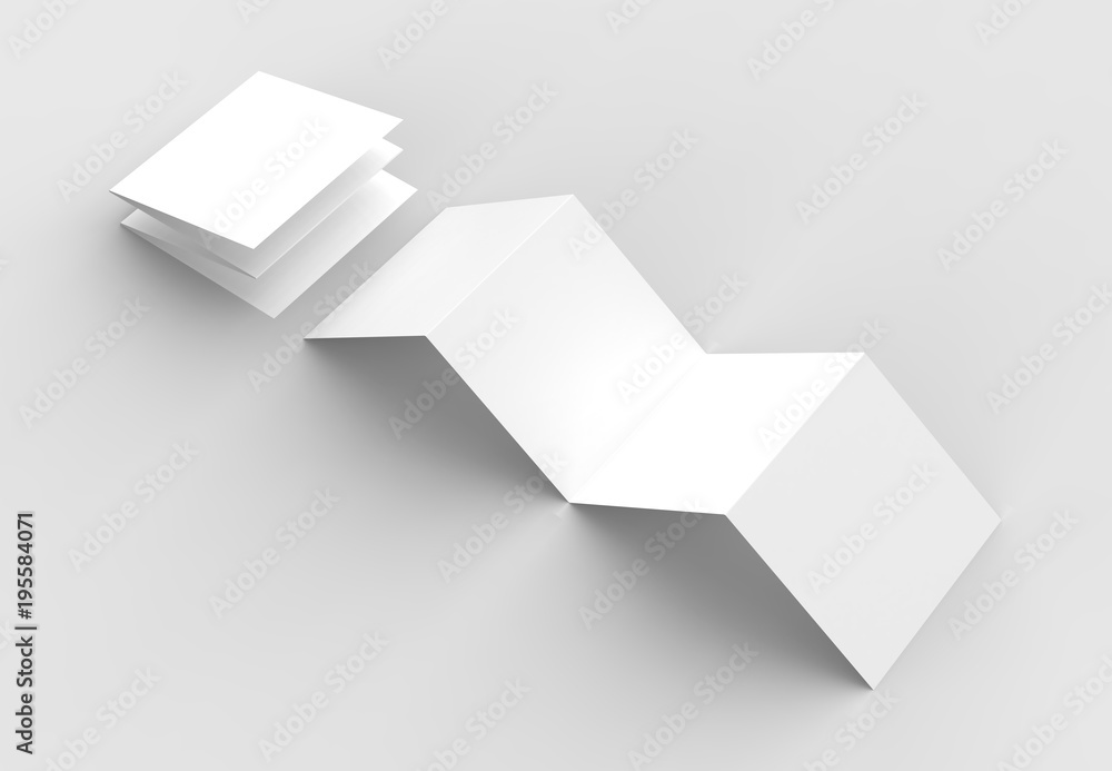 8 page leaflet, 4 panel accordion fold square brochure mock up isolated on light gray background. 3D illustrating. 8 page leaflet, 4 panel accordion fold square brochure mock up isolated on light gray background. 3D illustrating.