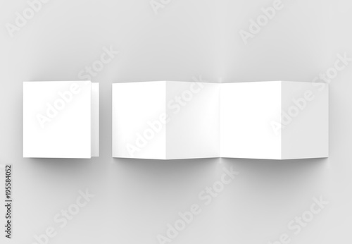 8 page leaflet, 4 panel accordion fold square brochure mock up isolated on light gray background. 3D illustrating.