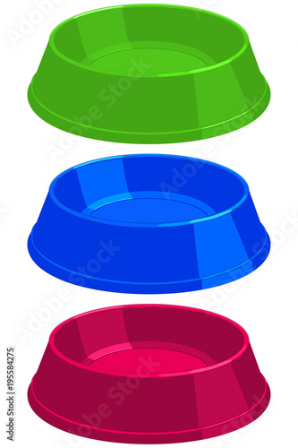Colorful cartoon empty pet food bowl set.