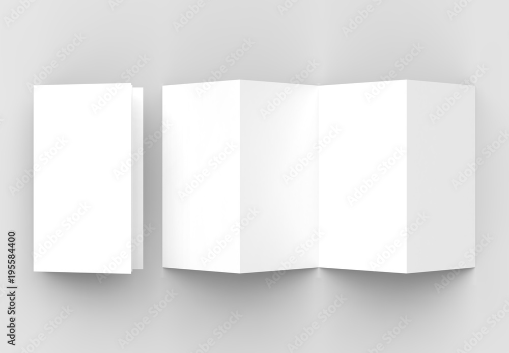 8 page leaflet, 4 panel accordion fold vertical brochure mock up isolated on light gray background. 3D illustrating. 8 page leaflet, 4 panel accordion fold vertical brochure mock up isolated on light gray background. 3D illustrating.