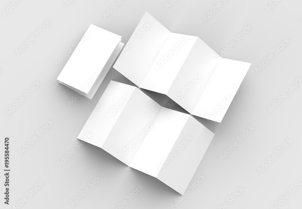 8 page leaflet, 4 panel accordion fold vertical brochure mock up isolated on light gray background. 3D illustrating. 8 page leaflet, 4 panel accordion fold vertical brochure mock up isolated on light gray background. 3D illustrating.