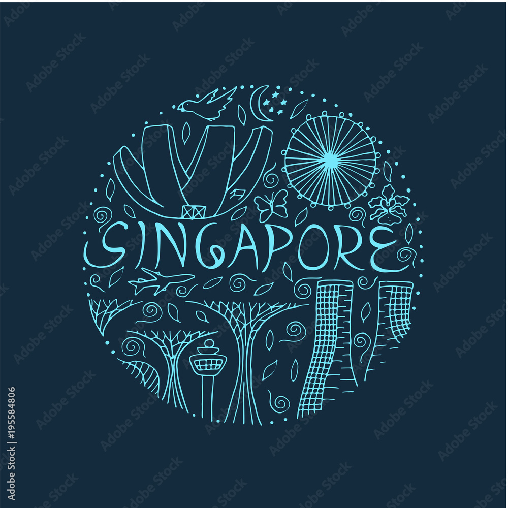 Symbols of Singapore round design concept on a dark background.