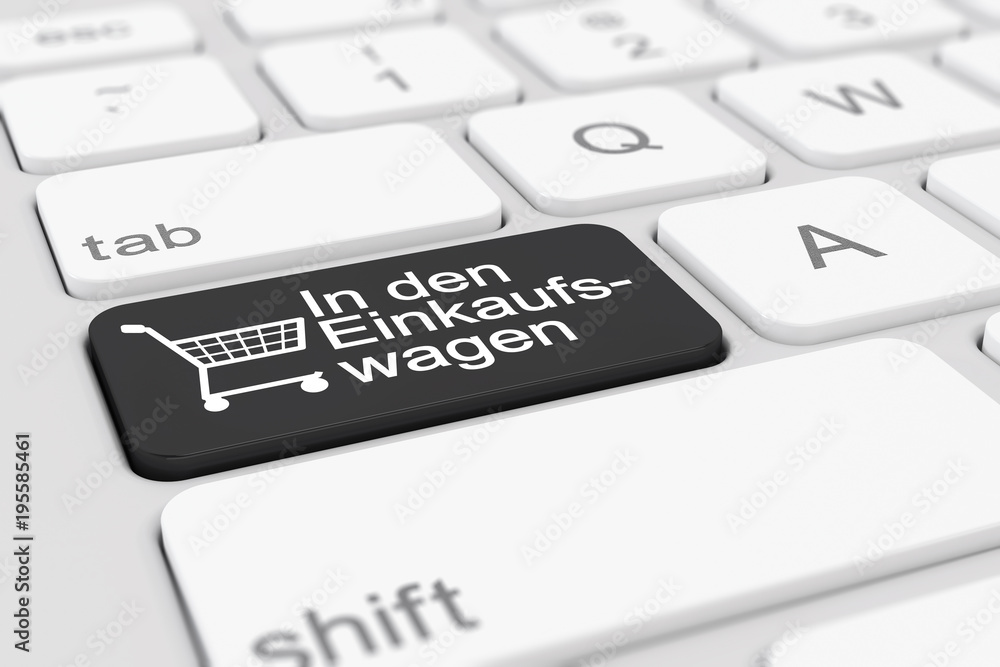 Computer-Tastatur mit einer schwarz Taste und der Aufschrift In den Einkaufswagen Computer-Tastatur mit einer schwarz Taste und der Aufschrift In den Einkaufswagen