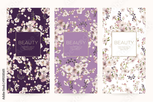 A set of packaging templates with spring flowers for luxury products. Design template of leaflet cover, flayer, card for the hotel, beauty salon, spa, restaurant, club. Vector illustration