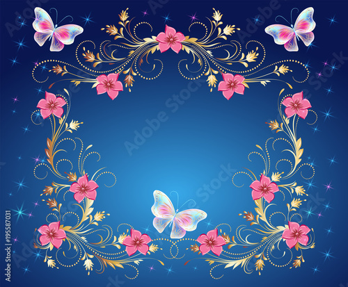 Magic butterflies with golden ornament and glowing stars