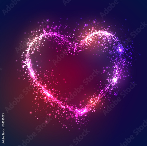 bright glowing heart, neon flashes, love and the day of the holy valentine.