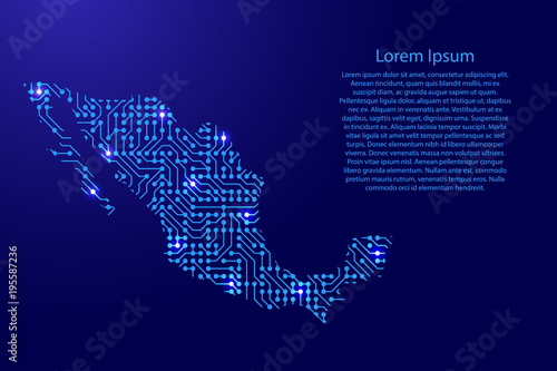 Map Mexico from printed board, chip and radio component with blue star space on the contour for banner, poster, greeting card, of vector illustration.
