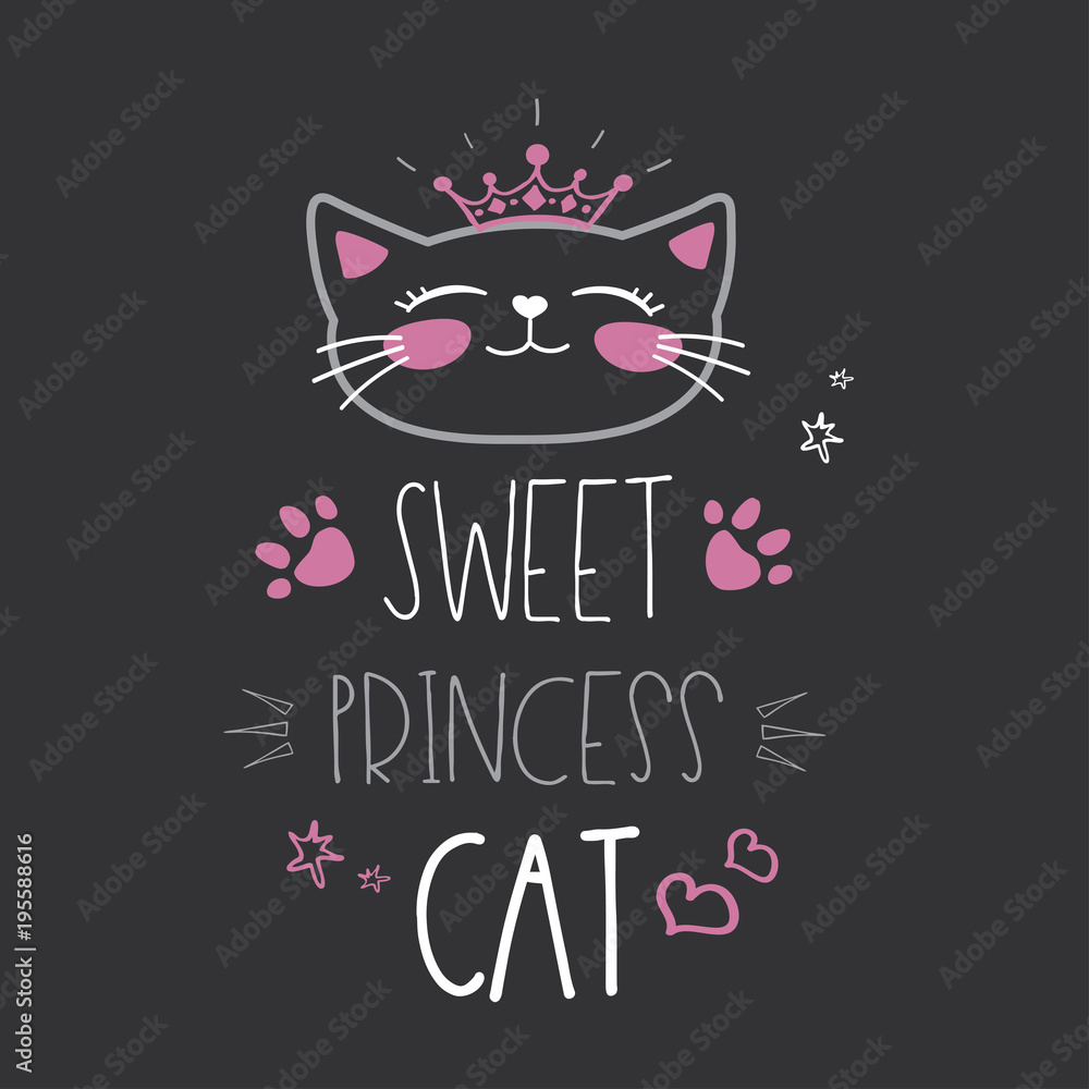 Plakat Śliczny kot głowa z koroną i literowaniem - słodki princess kot