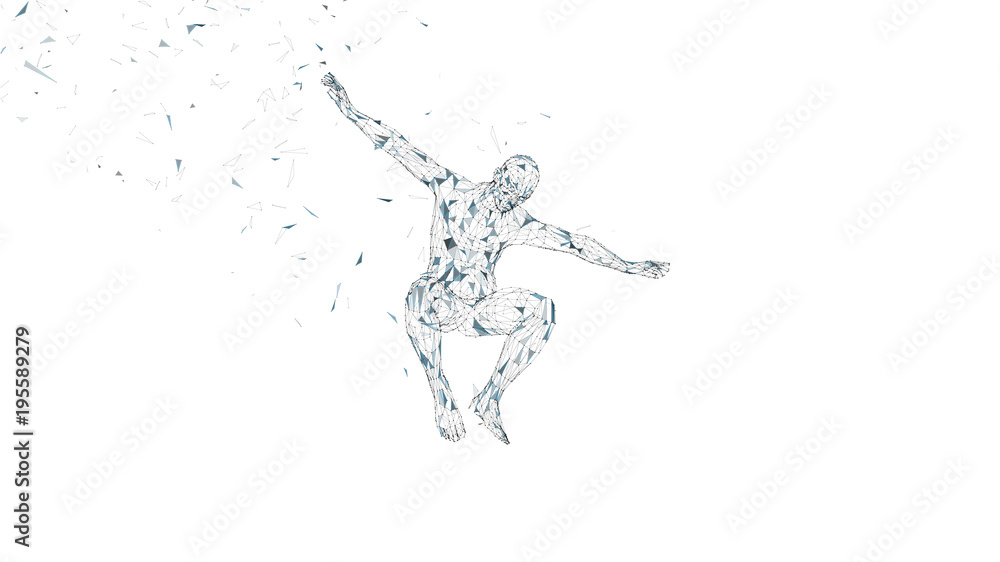 Fototapeta premium Conceptual abstract man in a jump. Connected lines, dots, triangles, particles isolated on white. Artificial intelligence concept. High technology vector, digital background. 3D render vector