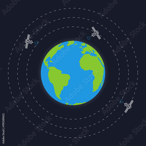 Planet earth and round satellite orbits vector illustration. Space satellites flying around the earth graphic design.
