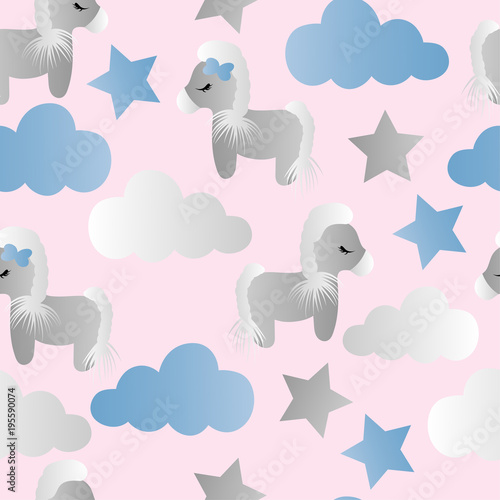 pattern with cartoon pony, clouds and stars