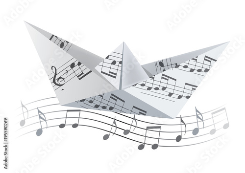Origami boat on the wave with musical notes.
White Paper boat with musical notes swinging on waves with musical notes. Poetic musical theme.Vector available.
