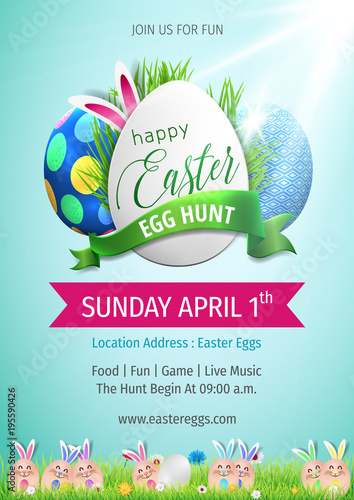 
Easter egg hunt party vector poster design template. Modern easter egg hunt party with colorful eggs and spring flower. 