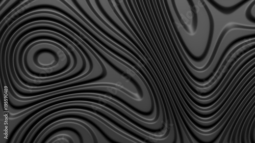 Stylish black colored background with flowing lines. Abstract topographic map contour background. Black stripe pattern background. Smoothly illuminated plastic texture  3d render illustration.