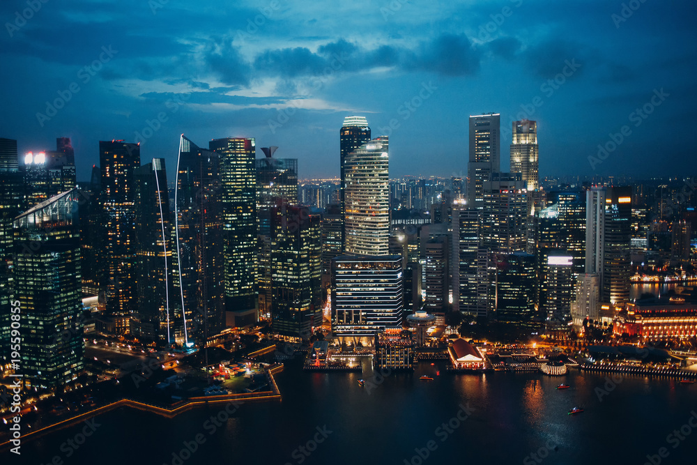 Singapore city landscape, night skyscrapers and bay
