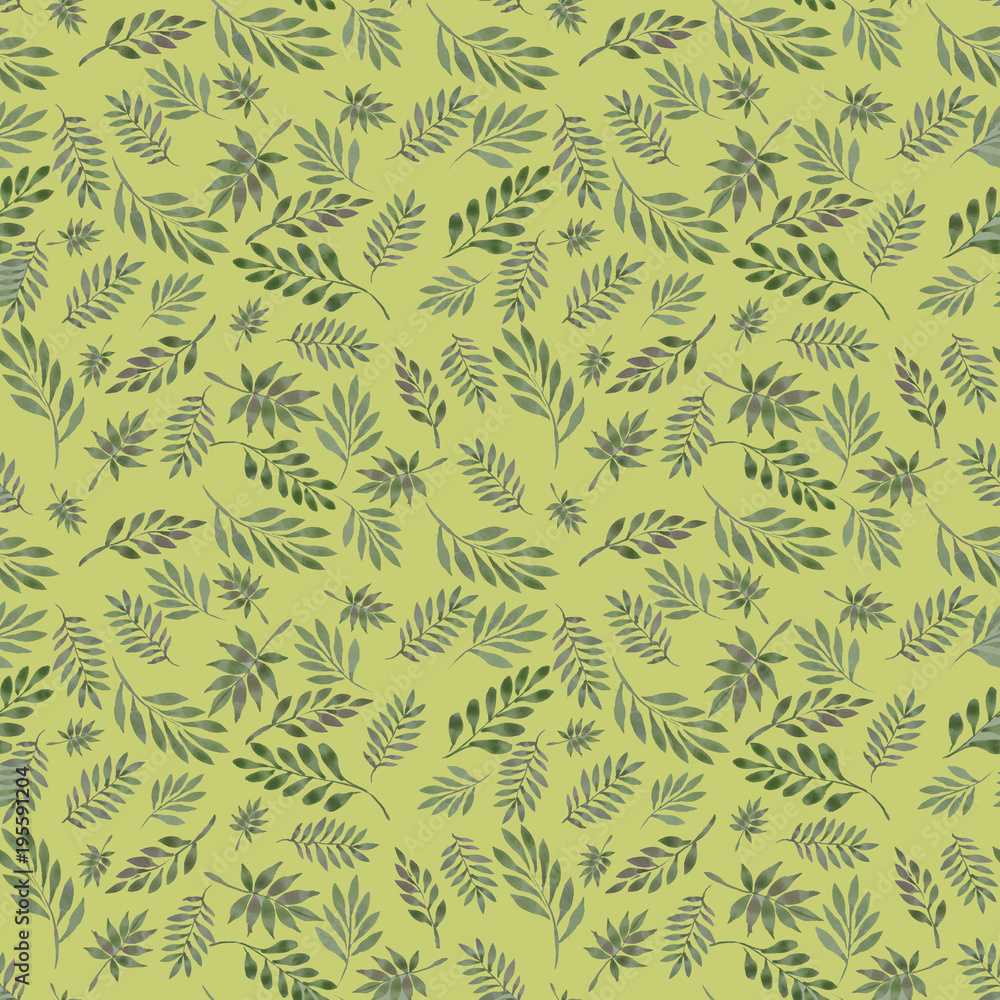 illustration of a watercolor pattern, seamless pattern of leaves and twigs green gentle colors. illustration of a watercolor pattern, seamless pattern of leaves and twigs green gentle colors.