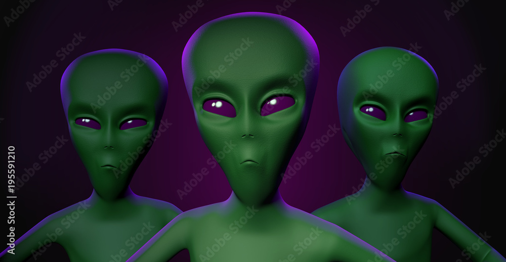 Three Aliens heads on dark violet background - 3d illustration Three Aliens heads on dark violet background - 3d illustration