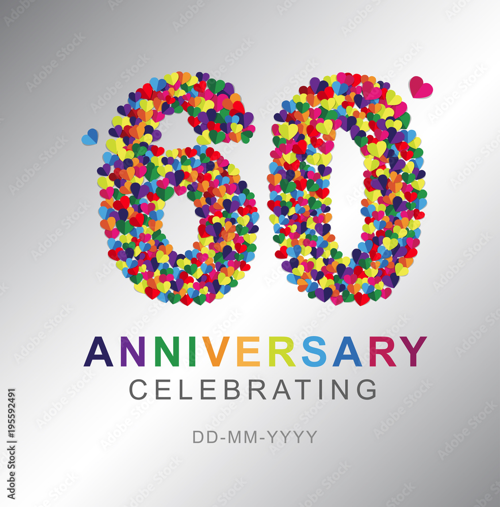 60 years anniversary celebration. Anniversary logo with mini hearts and multi color  isolated on gray background, vector design for celebration, invitation card, and greeting card