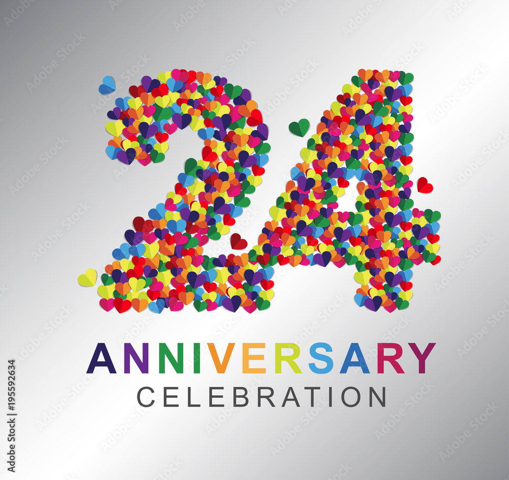 24th anniversary design logotype paper hearts multi-color for celebration