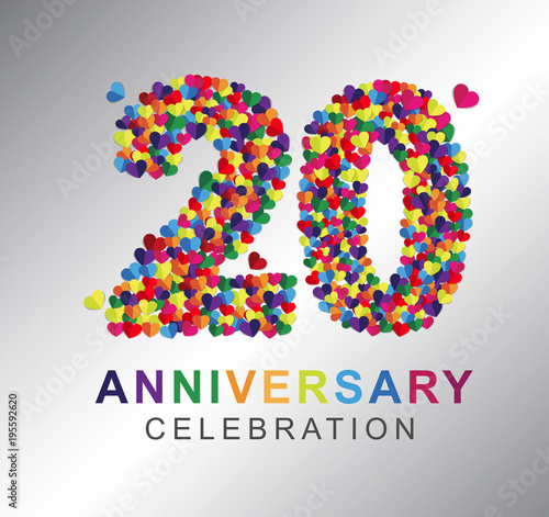 20th anniversary design logotype paper hearts multi-color for celebration