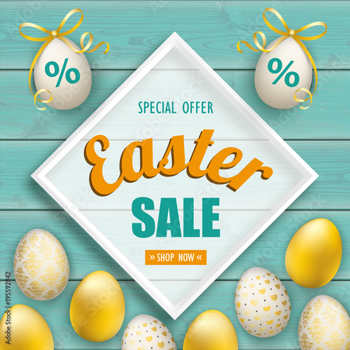 Easter Sale Eggs Turquoise Wooden Planks Cover White Frame