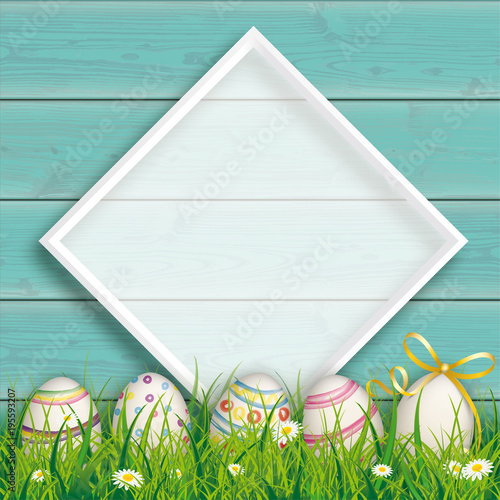 Easter Eggs Cyan Wood Pastel White Frame