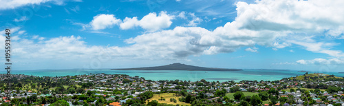 Rangitoto island panoramic view from Mount Victoria in Auckland, New Zealand