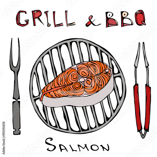 Raw Salmon Steak on Barbecue Grill with Fork and Tongs. Summer BBQ. Fish Cut Slice For Cooking, Holiday Meals, Recipes, Seafood Guide, Menu. Hand Drawn Illustration. Savoyar Doodle Style. photo