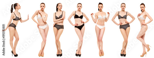 Young woman in lingerie on white background. Collage Snap Models