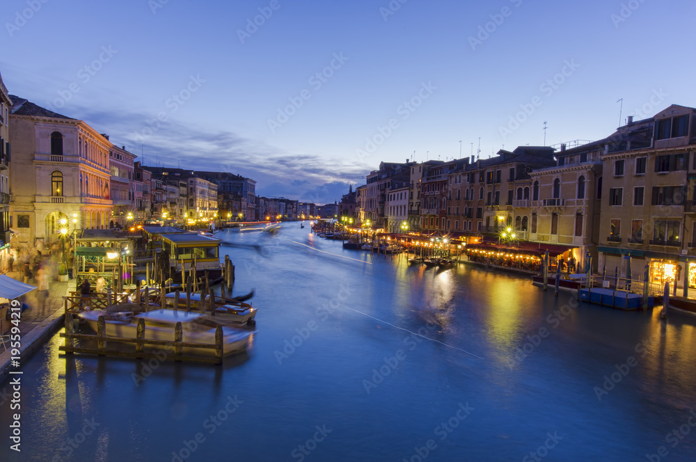Grand Canal in Venice, Italy. Night scene from Rialto Bridge