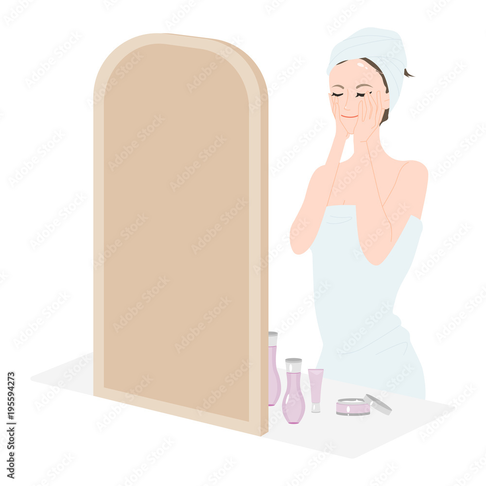 鏡を見ながら スキンケアをしている女性のイラスト 化粧水と乳液と美容液と保湿クリーム Stock Vektorgrafik Adobe Stock