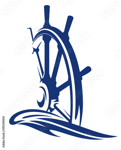 ship streering wheel and sea wave - vector sailing design