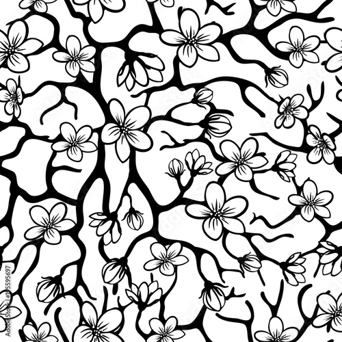 Vector seamless black and white background with sakura blossoms, brunches and foliage. Eps outlined illustration.