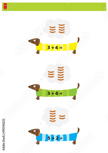 math game with cartoon dogs and sausages -  addition/ vector illustration  for children