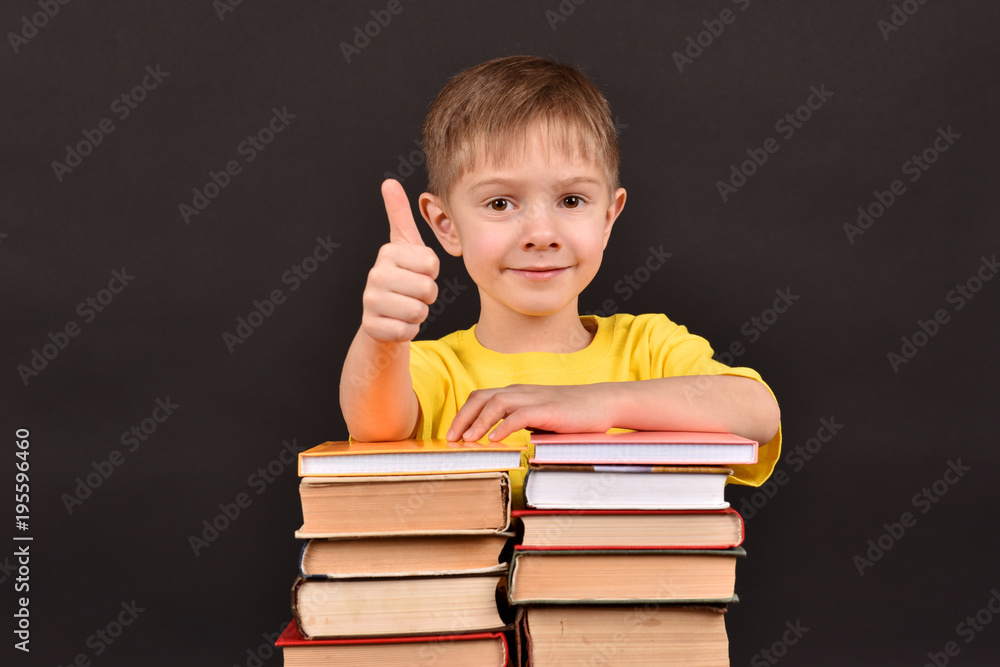 A schoolboy teaches lessons. A boy with books. A smart child. A read person.