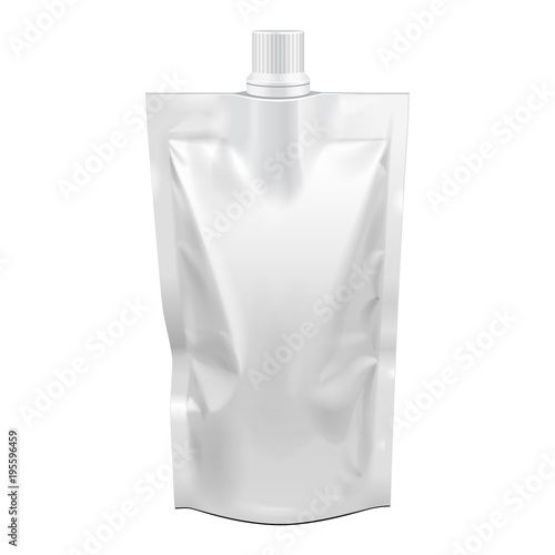 Blank Food Stand Up Flexible Pouch Sachet Bag With Spout Lid. Mock Up, Template. Illustration Isolated On White Background. Ready For Your Design. Product Packaging. Vector EPS10