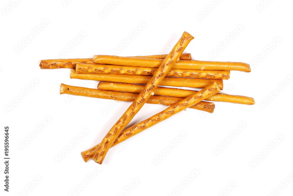 Salty cracker pretzel sticks isolated on white background, top view Salty cracker pretzel sticks isolated on white background, top view